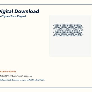 May include: A digital download file featuring a repeating dark blue Seigaiha wave pattern on a white background. The text reads Digital Download, No Physical Item Shipped, SEIGAIHA WAVES, Includes PDF, SVG, and simple use notes, Designed in Japan.