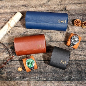 Personalized Leather Watch Case, Brown Watch Box, Travel Watch Box, Luxury Leather Watch Case Roll for 3 Watches, Gift For Him, Groom Gift