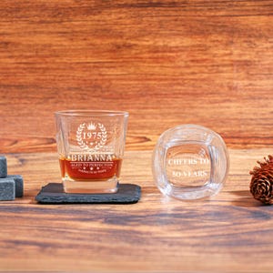 Personalized Cheers to 50 Years laser-engraved 11oz Whiskey Rocks Glass, Custom Bourbon Gift For Men, 50th Birthday, Aged to Perfection.