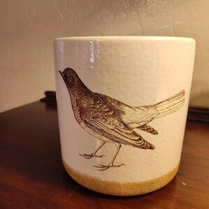 May include: A white ceramic planter with a detailed illustration of a bird in shades of brown. The planter has a slightly textured surface and a tan-colored base. The bird is depicted in a realistic style, with intricate feather details.