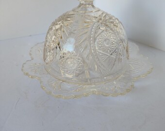 Antique/Vintage EAPG Pressed Glass Butter Dish Domed Top with Underplate. Slightly Yellowed Due to Age. 7" Across 6 1/2" Tall