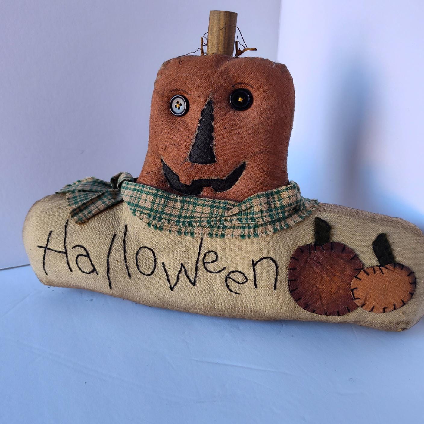 Vintage Primitive Halloween Pumpkin Man w/Pumpkins and Embroidered "Halloween"