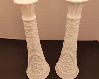 Set of Two Milk Glass Bud Vases with Flower Openings. Highly 3D Etched. 9" Tall 3" Across Bottom