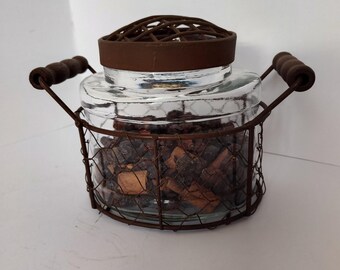 Vintage Primitive Style Decorative Container with Wire Net Cage Wooden Handles and Rustic Lid 7 1/2" X 6"