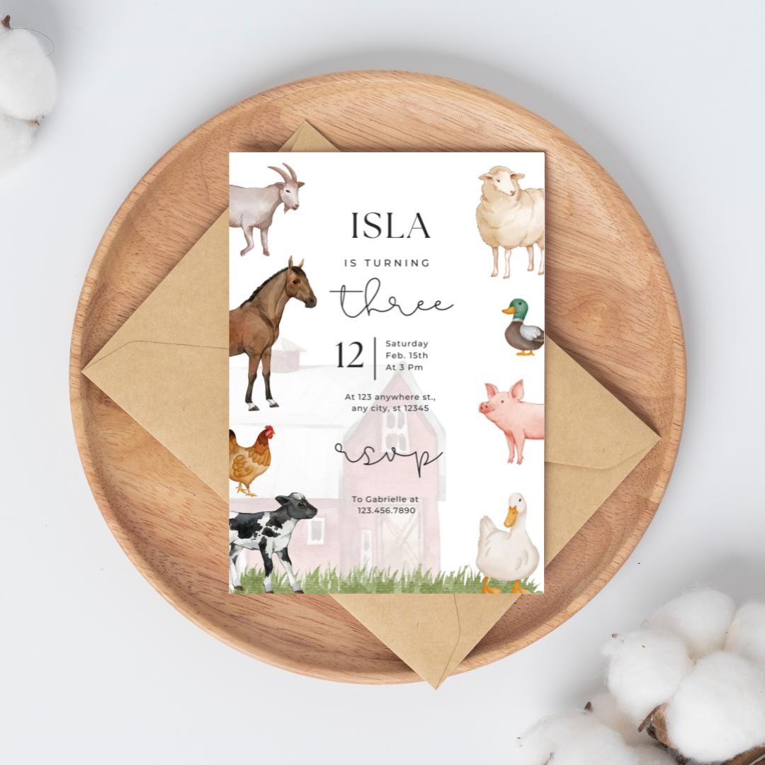 Editable Farm Animal Birthday Invitation Template – Watercolor Barnyard ...