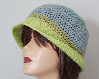Handmade Crochet Bucket Hat Gray blue, Light Green, Mint Green color