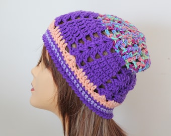 Handmade Crochet Beanie Hat Purple, Green, Blue, Peach color