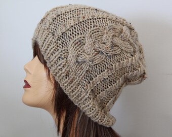 Handmade Knitted Hat Beige Tweed color