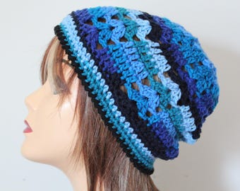 Handmade Crochet Beanie Hat  Blue, Green, Black color