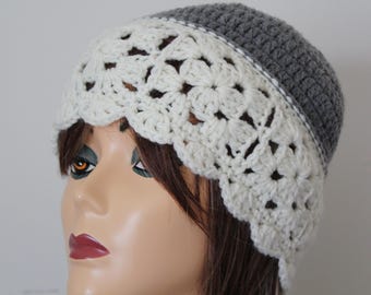 Bonnet au crochet fait main Gris, couleur ivoire