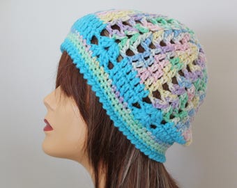 Handmade Crochet Beanie Hat Turquoise, Blue, Yellow, Green color