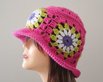 Crochet Granny Bucket Hat Hot Pink Light Green Purple color