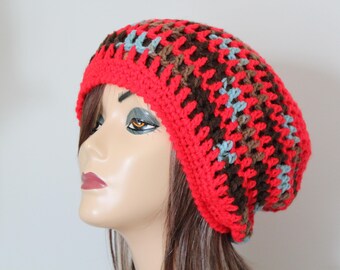Bonnet fait main au crochet Rouge, marron, bleu
