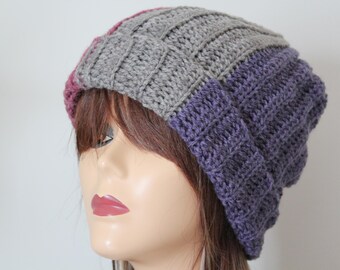 Handmade Crochet Beanie Hat Dark Rose, Purple, Gray, color