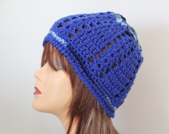 Handmade Crochet Beanie Hat, Blue Acrylic Yarn