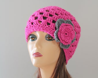 Handmade Crochet Beanie Hat Hot Pink color