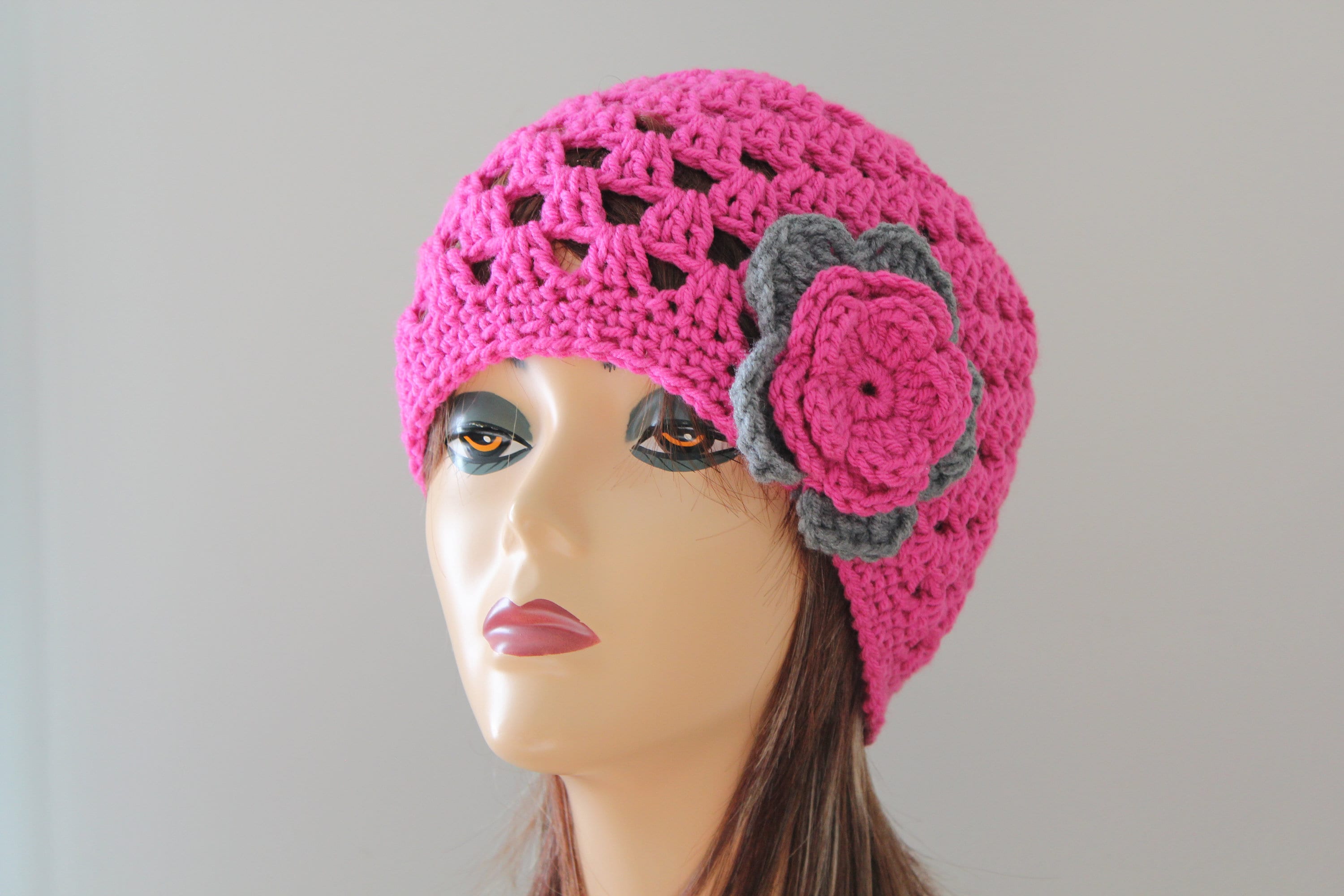Handmade Crochet Beanie Hat Hot Pink Color - Etsy display picture 1