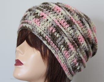 Bonnet au crochet fait main Marron, rose, beige
