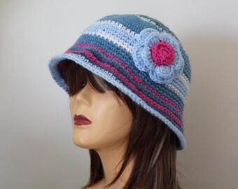 Handmade Crochet Bucket Hat Pink, Blue, Green color with Flower