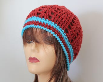 Handmade Crochet Beanie Hat Turquoise, Redwood Heather color