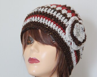 Bonnet au crochet fait main Marron, Rouge foncé, Couleur avoine avec fleur