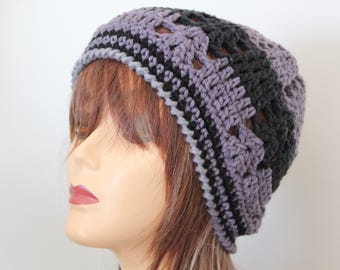 Handmade Crochet Beanie Hat Black, Forest Gray,  Dark Purple color