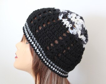 Bonnet au crochet fait main Noir, blanc, gris