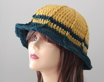 Handmade Crochet Bucket Hat Mustard Dark Teal color