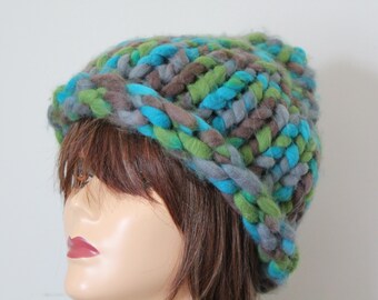 Handmade Knitted Beanie Hat Turquoise, Olive green, Brown color