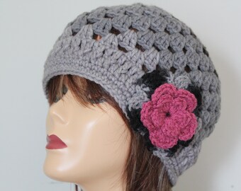 Handmade Crochet Beanie Hat Charcoal gray,  Gray color with Flower