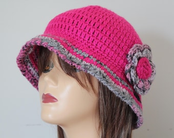 Bob fait main au crochet rose vif gris noir avec fleur
