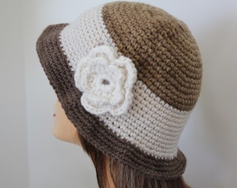 Handmade Crochet Bucket Hat Brown, Ivory, Dark brown color