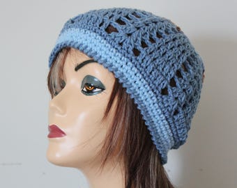 Handmade Crochet Beanie Hat Blue, Brown, Tan color