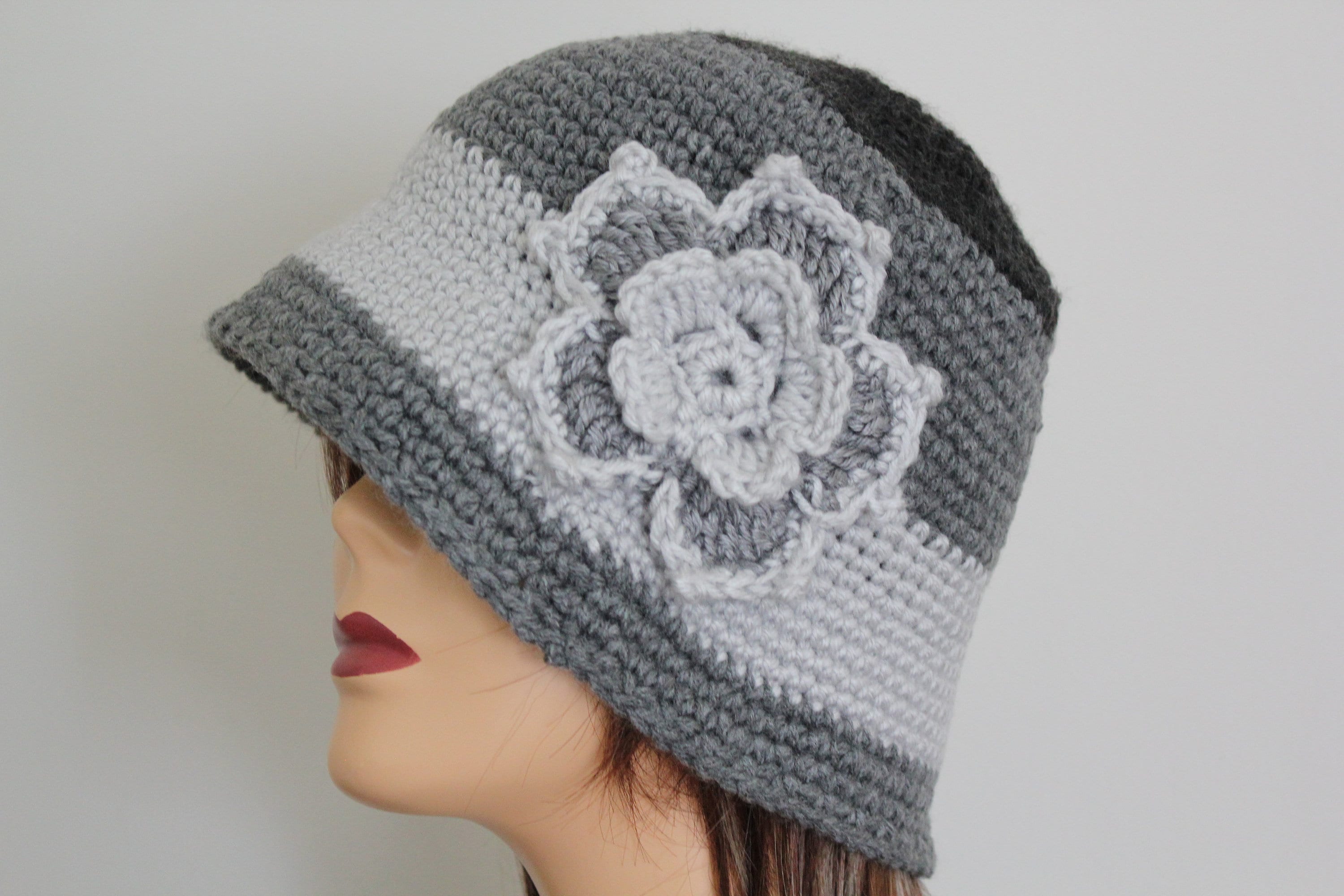 Handmade Crochet Bucket Hat Charcoal Gray Light Gray Color 