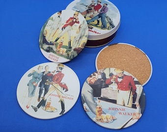 Set of 4 Johnnie Walker Drink Coasters – Retro Whisky Bar Mats Cork Back in Original Box. Collectible Barware Vintage Advertising Bar Decor