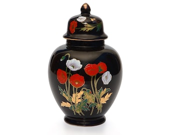 Japanese Ginger Jar by Asahi – Mid Century Black Decorative Ceramic Vase with Lid, Poppy Flower Pattern, Gold Trim, Vintage Asian Home Decor