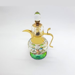 Luxurious Crystal Perfume Bottle with Gold Metal Accents – Fragrance Jar with Dipstick, Vanity Scent Bottle, Collectible Vintage Decor