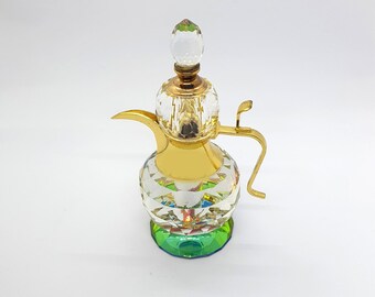 Luxurious Crystal Perfume Bottle with Gold Metal Accents – Fragrance Jar with Dipstick, Vanity Scent Bottle, Collectible Vintage Decor