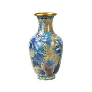 Vintage geëmailleerde cloisonné-vaas met blauwe bloemen– op messing metaal met fijn emailwerk, handgemaakt decor met bloemmotieven