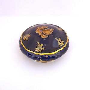 Vintage Limoges porcelain box with cobalt glaze and gold gilt accents – perfect as a jewelry box, trinket dish, or elegant luxury gift