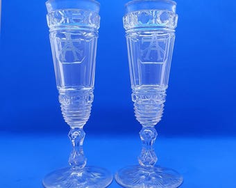 Vintage Hand Cut Crystal Champagne Flutes - Monogram A.K - Possible Russian Origin (Set of 2) Champange Glass for Wedding Anniversary Gift