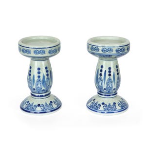 Pair of 2 Antique Chinese Bleu Blanc Candle Holder - Hand-Painted Blue & White Glazed Porcelain, Floral Motifs - Home Accent Vintage Decor