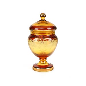 Honey Tone Lidded Glass Jar | Vintage Bonboniere with Gold Accents | Mid Century Decor, Honey Glass Candy Jar | Decorative Art Object