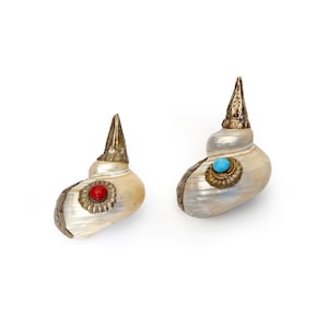 Pair of Tibetan Ritual Conch Shells – Mother of Pearl & Gilt Metal with Coral and Turquoise Inlay – Zen Decor, Spiritual Home Accent