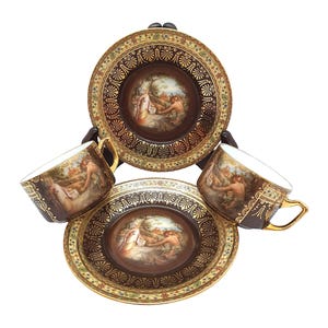 Antique Gilded Royal Epiag Porcelain Coffee Cups – Czechoslovakia 1930s Demitasse Set of 2 – Espresso Turkish Coffee, Vintage Collector Gift