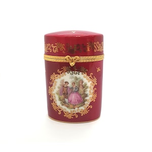 Limoges Porcelain Trinket Box | Pink & Gold Jewelry Box - French Vintage Collectibles with Hinged Lid Hand-Painted Scene and Gilt Decoration
