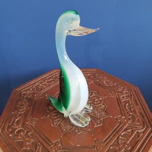 Vintage Murano Glass Duck Figurine – Green & White Hand-Blown Glass – Bird Sculpture, Collectible Art Mid-Century Italian Decor. 9.8 inch