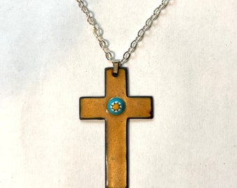 Cross Pendant, Copper Enamel Crucifix, Religious Jewelry, Golden Yellow Christian Jewelry, Cross Necklace, Christian gift
