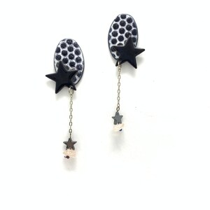 Retro Post Earrings, Black and white polka dot copper enamel with hematite stars and rose quartz, retro 80s Enamel New wave punk woman gift