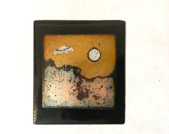 Tiny Wall Art with UFO, Small Enamel painting, Glass Enamel Art for Small Spaces, Desert Sun with UFO, housewarming gift, tiny home gift